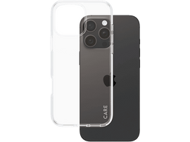 Coque de téléphone transparente sur un téléphone noir, montrant le dos. La coque est transparente.