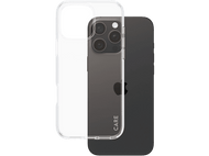 Coque de téléphone transparente sur un téléphone noir, montrant le dos. La coque est transparente.