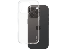 Charger l&#39;image dans la galerie, iPhone noir avec une coque transparente. La coque montre un téléphone et le mot CARE.
