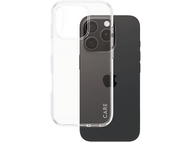 iPhone noir avec une coque transparente. La coque montre un téléphone et le mot CARE.