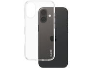 iPhone dans un étui transparent, avec un téléphone noir derrière, sur fond blanc.