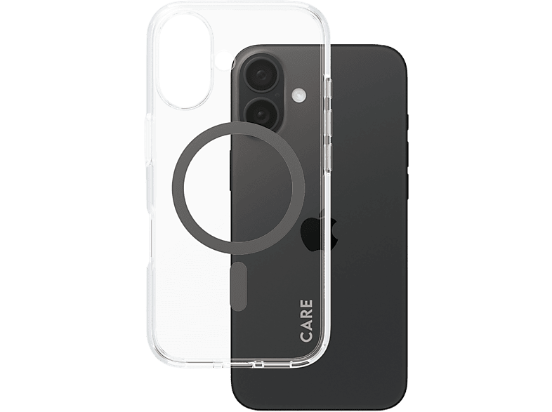 Un iPhone avec une coque transparente. La coque montre un anneau MagSafe et a un fond noir.
