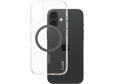 Un iPhone avec une coque transparente. La coque montre un anneau MagSafe et a un fond noir.