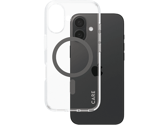 Un iPhone avec une coque transparente. La coque montre un anneau MagSafe et a un fond noir.