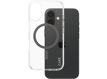 Charger l&#39;image dans la galerie, Un iPhone avec une coque transparente. La coque montre un anneau MagSafe et a un fond noir.
