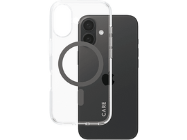 Un iPhone avec une coque transparente. La coque montre un anneau MagSafe et a un fond noir.