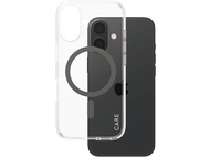 Un iPhone avec une coque transparente. La coque montre un anneau MagSafe et a un fond noir.