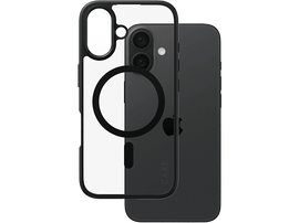 Un iPhone noir avec une coque transparente, montrant le téléphone et la coque. L