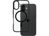 Un iPhone noir avec une coque transparente, montrant le téléphone et la coque. L'arrière est visible.