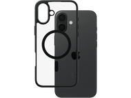 Coque de téléphone transparente avec un téléphone noir à l'intérieur. Montre la configuration de la caméra et l'arrière du téléphone.