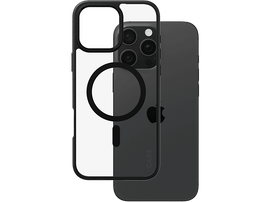 Coque noire pour iPhone avec dos transparent et anneau noir pour MagSafe.