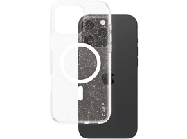 Coque transparente avec paillettes et un téléphone noir, avec un logo 