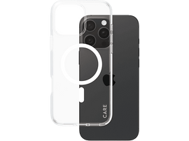 iPhone noir avec étui transparent, montrant la caméra et le logo Apple.