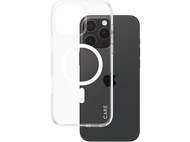 iPhone noir avec étui transparent, montrant la caméra et le logo Apple.