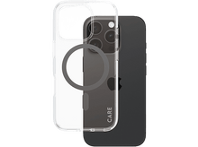 Charger l&#39;image dans la galerie, Une coque transparente avec un téléphone noir à l&#39;intérieur, la coque montre le cercle MagSafe et le logo Apple.
