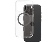 Une coque transparente avec un téléphone noir à l'intérieur, la coque montre le cercle MagSafe et le logo Apple.