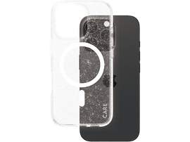 Coque de téléphone transparente avec paillettes et cercle MagSafe. Téléphone noir à l