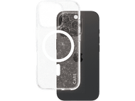 Coque de téléphone transparente avec paillettes et cercle MagSafe. Téléphone noir à l'intérieur.