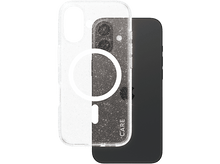 Charger l&#39;image dans la galerie, Coque de téléphone transparente avec paillettes et un téléphone noir à l&#39;intérieur, montrant une configuration de caméra.
