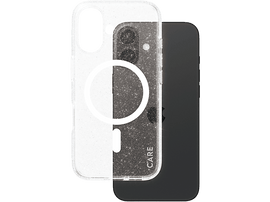 Coque de téléphone transparente avec paillettes et un téléphone noir à l
