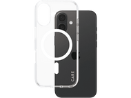 Une coque de téléphone transparente avec un téléphone noir à l'intérieur. L'étui a un anneau blanc.