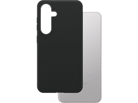 Étui de téléphone noir avec un téléphone argenté sur fond noir.