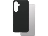 Étui de téléphone noir avec un téléphone argenté sur fond noir.