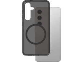 Coque de téléphone transparente avec un cercle, dos du téléphone avec caméra, gros plan.