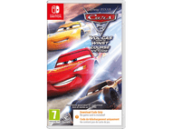 Boîtier de jeu pour Cars 3, avec des voitures animées. Le logo Nintendo Switch est visible.