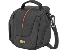 Charger l&#39;image dans la galerie, Sac photo noir avec une bande orange. Possède une bandoulière.
