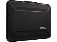 Une housse d'ordinateur portable Thule noire avec une surface texturée, le logo est visible.