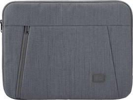Une housse grise pour ordinateur portable avec une fermeture éclair et un petit logo.