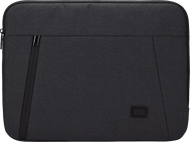 Housse d'ordinateur portable noire avec une fermeture éclair et une petite étiquette Case Logic.