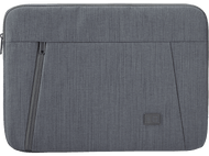 Housse d'ordinateur portable grise avec une fermeture éclair. Une étiquette avec un logo est au milieu.