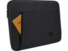 Charger l&#39;image dans la galerie, Une housse noire pour ordinateur portable avec une poche contenant un livre.
