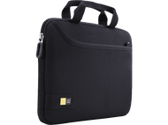 Une sacoche noire pour ordinateur portable avec fermeture éclair et poignée. Une étiquette dorée 'case logic'.