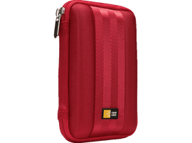Étui rouge pour disque dur Case Logic avec fermeture éclair et rayures verticales.