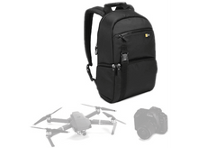 Charger l&#39;image dans la galerie, Sac à dos photo noir, avec un drone et un appareil photo. Le sac à dos est fermé, avec une sangle latérale.
