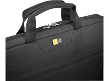 Charger l&#39;image dans la galerie, Sacoche pour ordinateur portable Case Logic noire avec poignée et fermeture éclair métallique, logo jaune.
