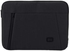 Charger l&#39;image dans la galerie, Une housse d&#39;ordinateur portable noire avec une poche zippée et un petit logo de marque.
