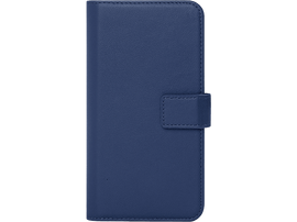 Un étui de téléphone bleu est fermé. Il a une fermeture magnétique et des bords cousus.