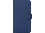 Un étui de téléphone bleu est fermé. Il a une fermeture magnétique et des bords cousus.