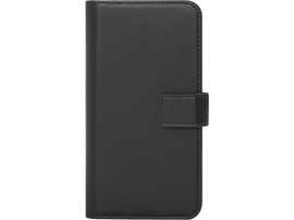 Étui de téléphone noir avec fermeture magnétique et bord cousu.