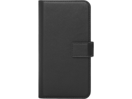 Étui de téléphone noir avec fermeture magnétique et bord cousu.