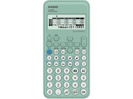 Calculatrice Casio vert clair affichant des chiffres et fonctions, avec écran et nombreux boutons.