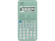 Calculatrice Casio vert clair affichant des chiffres et fonctions, avec écran et nombreux boutons.