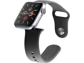 Apple Watch argentée avec bracelet noir et affichage de la fréquence cardiaque. Fond blanc.