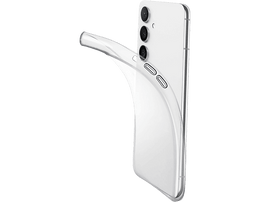 Coque de téléphone transparente sur un téléphone blanc, légèrement ouverte. Trois caméras visibles.