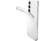 Coque de téléphone transparente sur un téléphone blanc, légèrement ouverte. Trois caméras visibles.