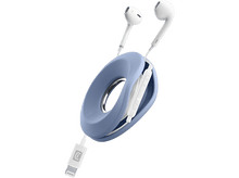 Charger l&#39;image dans la galerie, Écouteurs blancs et un support bleu avec un connecteur blanc. Fond blanc.
